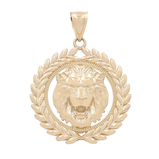 14K Yellow Gold Lion Head on Wreath Pendant