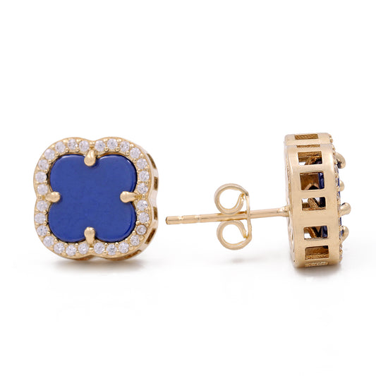 14K Yellow Gold Fashion Flowers Earrings with Blue Stones and Cubic Zirconias