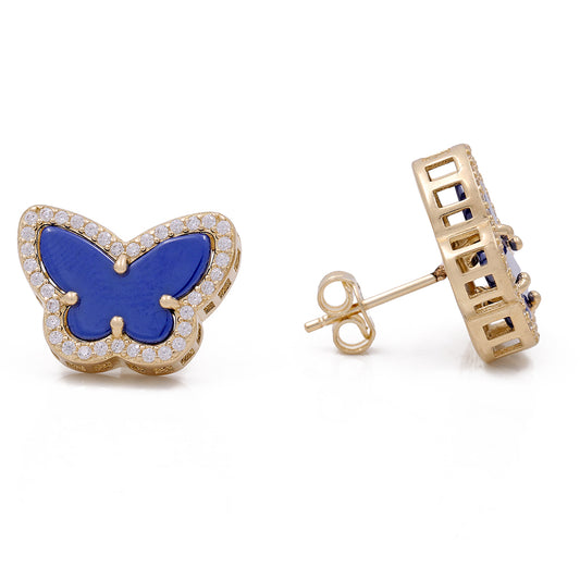 14K Yellow Gold Butterfly Earrings with Blue Stones and Cubic Zirconias