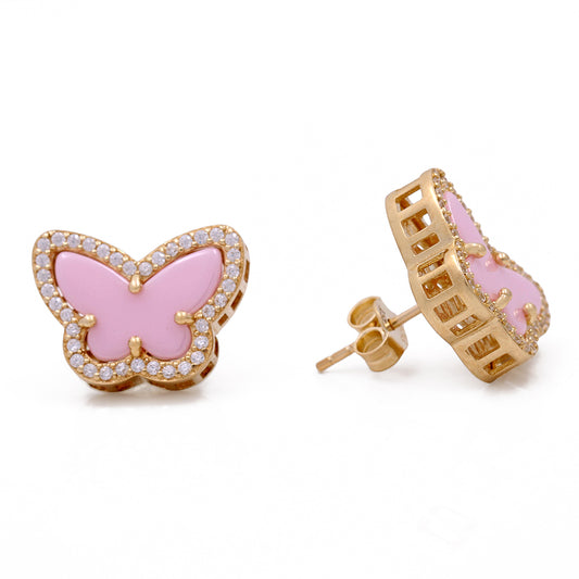 14K Yellow Gold Butterfly Earrings with Pink Stone and Cubic Zirconias