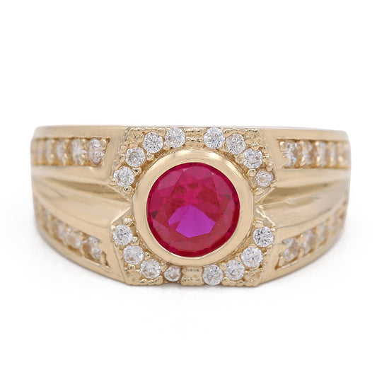 14K Yellow Gold Pink Color Center Stone Ring with Cubic Zirconias