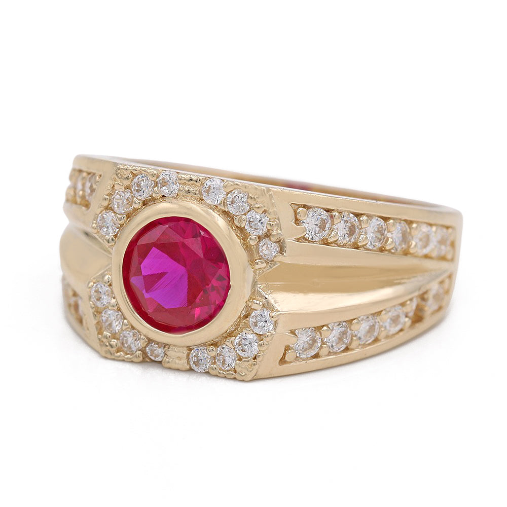 14K Yellow Gold Pink Color Center Stone Ring with Cubic Zirconias