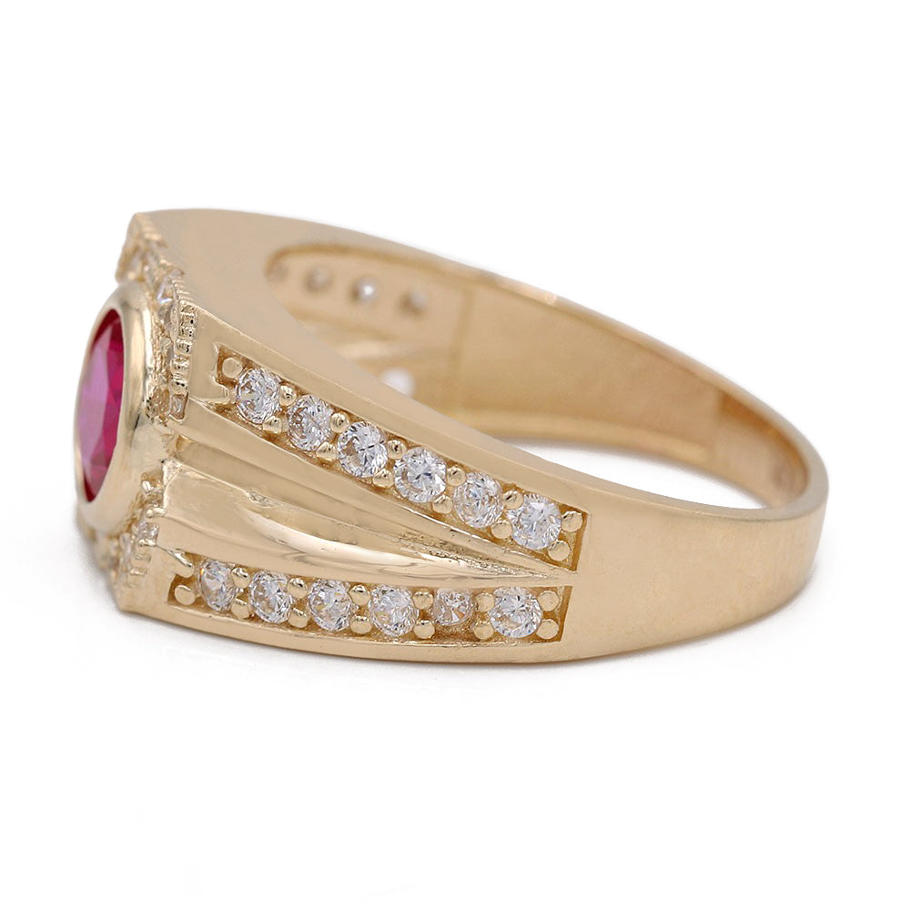 14K Yellow Gold Pink Color Center Stone Ring with Cubic Zirconias