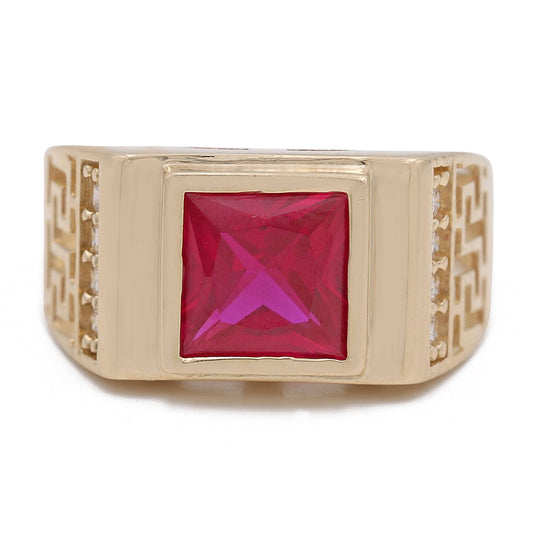 14K Yellow Gold Pink Color Center Stone Ring with Cubic Zirconias