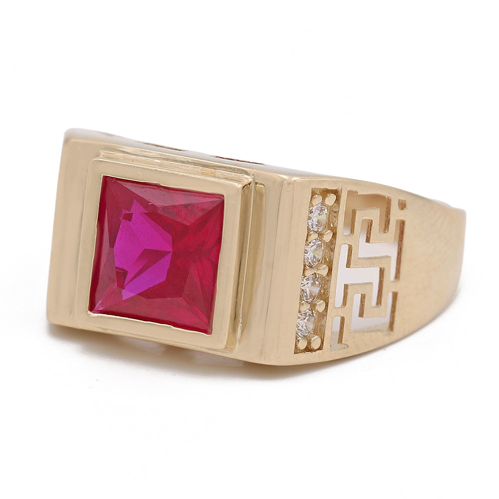 14K Yellow Gold Pink Color Center Stone Ring with Cubic Zirconias