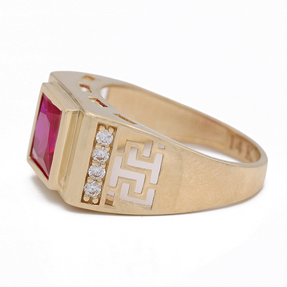 14K Yellow Gold Pink Color Center Stone Ring with Cubic Zirconias