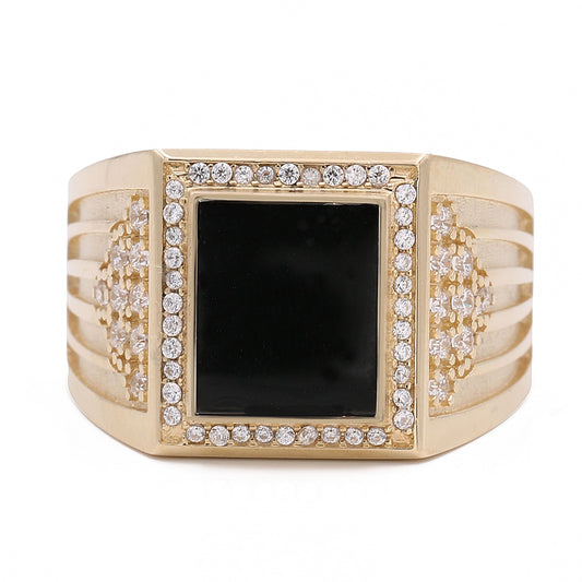 14K Yellow Gold Fashion Ring with Black Color Stone and Cubic Zirconias
