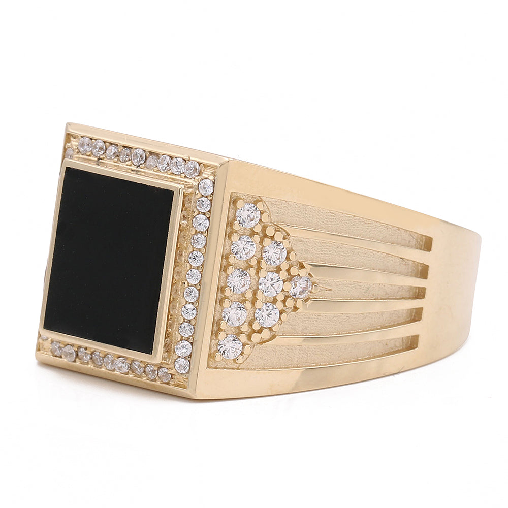 14K Yellow Gold Fashion Ring with Black Color Stone and Cubic Zirconias
