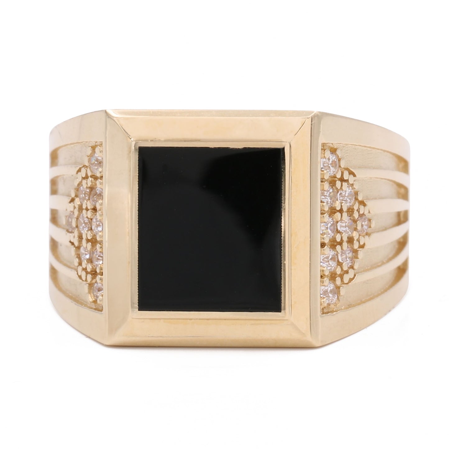 14K Yellow Gold Fashion Ring with Black Color Center Stone and Cubic Zirconias