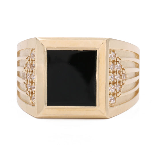 14K Yellow Gold Fashion Ring with Black Color Center Stone and Cubic Zirconias