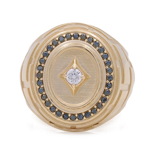 14K Yellow Gold Men's Ring with Onyx and Cubic Zirconias
