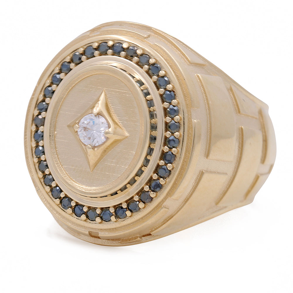 14K Yellow Gold Men's Ring with Onyx and Cubic Zirconias