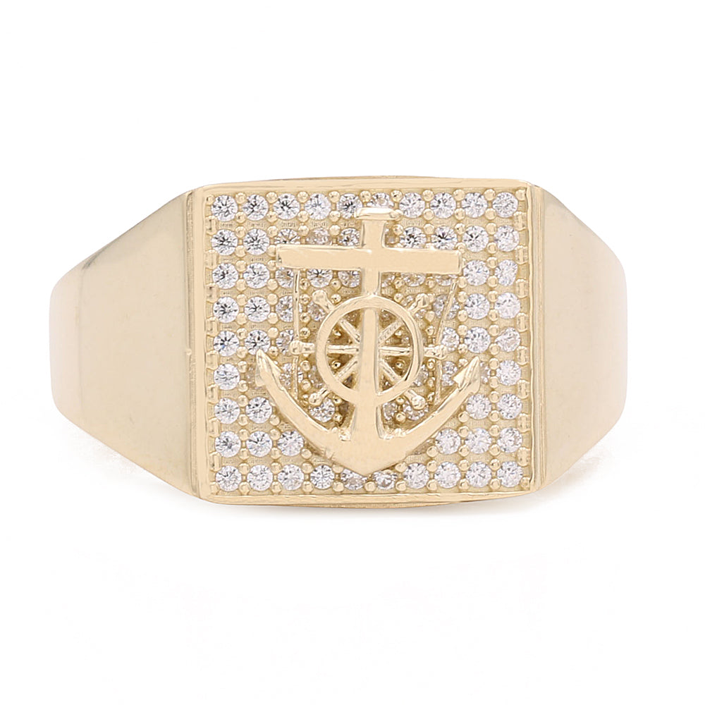 14K Yellow Gold Fashion Anchor Ring with Cubic Zirconias