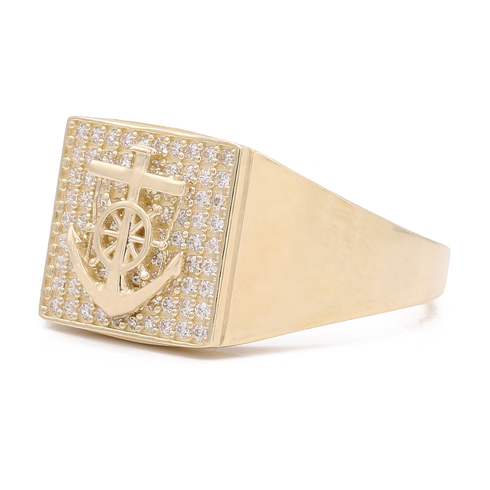 14K Yellow Gold Fashion Anchor Ring with Cubic Zirconias