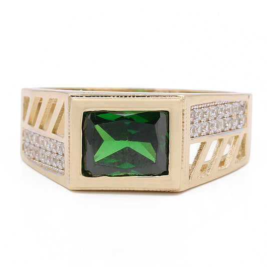 14K Yellow Gold Fashion Ring with Green Color Stone and Cubic Zirconias