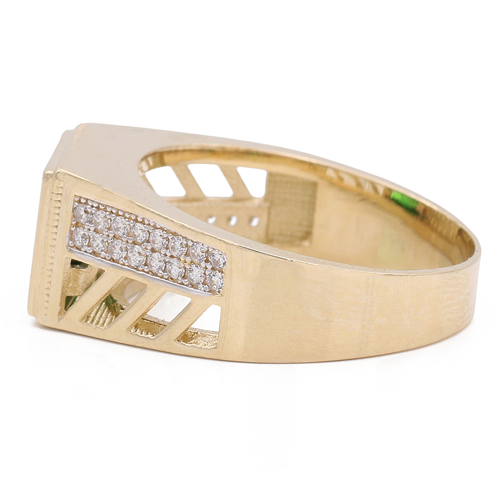 14K Yellow Gold Fashion Ring with Green Color Stone and Cubic Zirconias