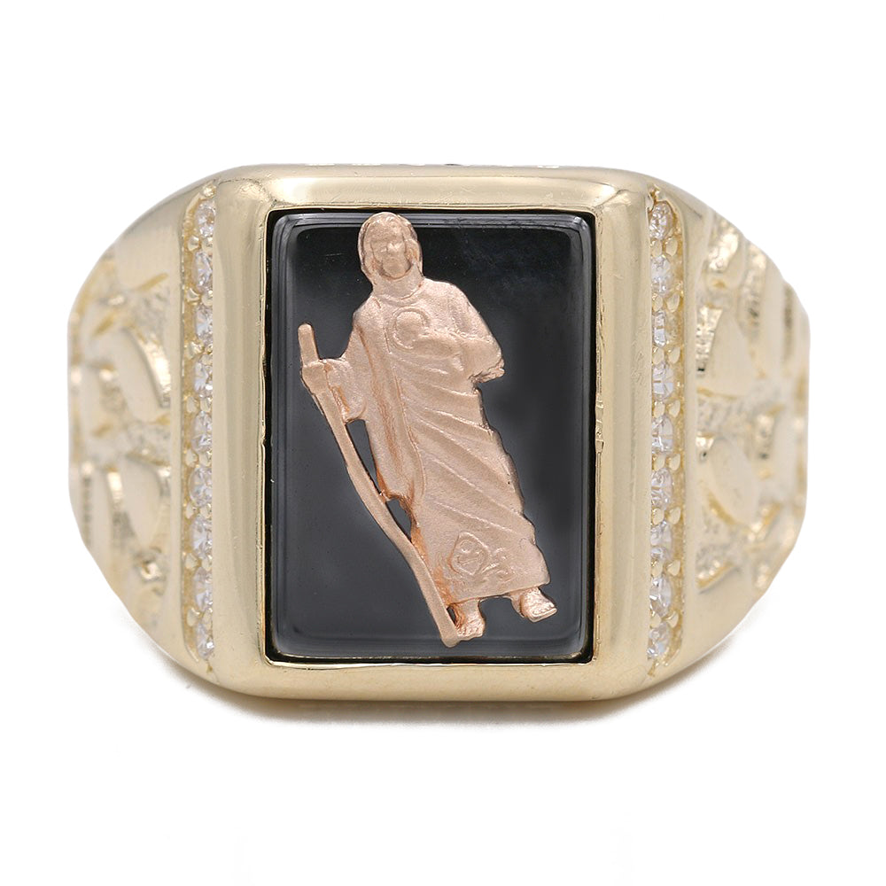 14K Yellow Gold Christ Design on Black Stone Ring with Cubic Zirconias