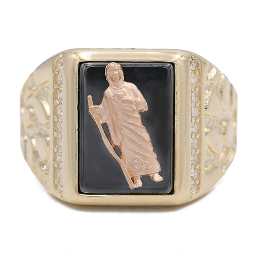 14K Yellow Gold Christ Design on Black Stone Ring with Cubic Zirconias