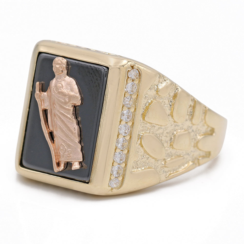 14K Yellow Gold Christ Design on Black Stone Ring with Cubic Zirconias