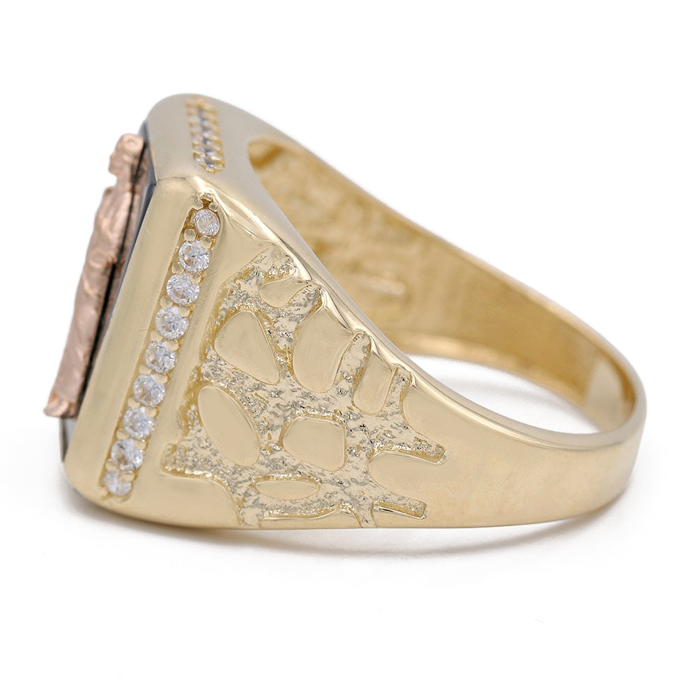 14K Yellow Gold Christ Design on Black Stone Ring with Cubic Zirconias