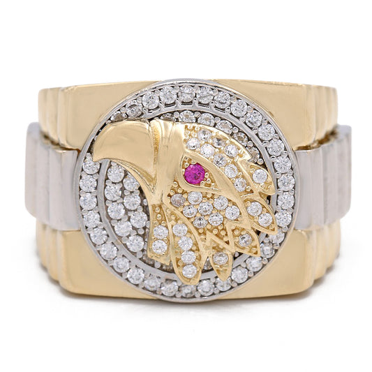 14K Yellow Gold Fashion Eagle Head Design Ring with Cubic Zirconias