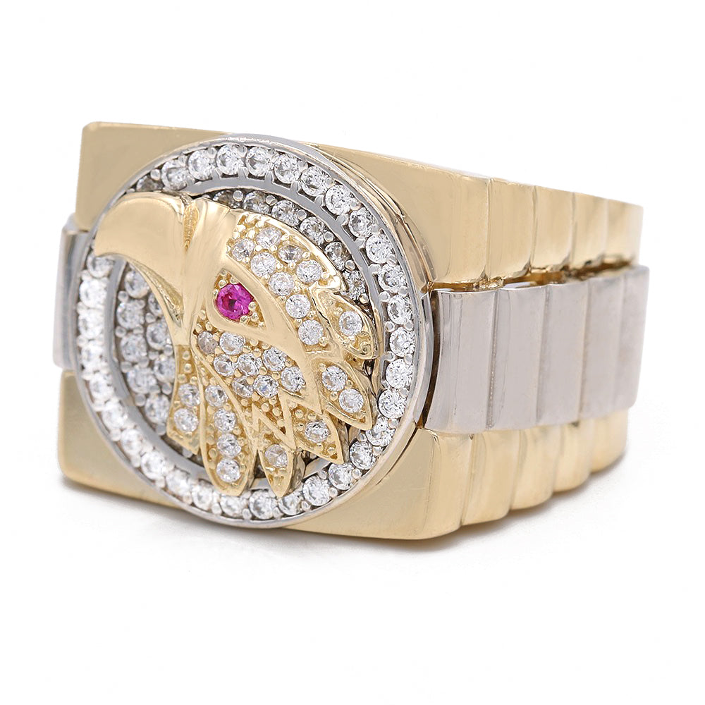 14K Yellow Gold Fashion Eagle Head Design Ring with Cubic Zirconias