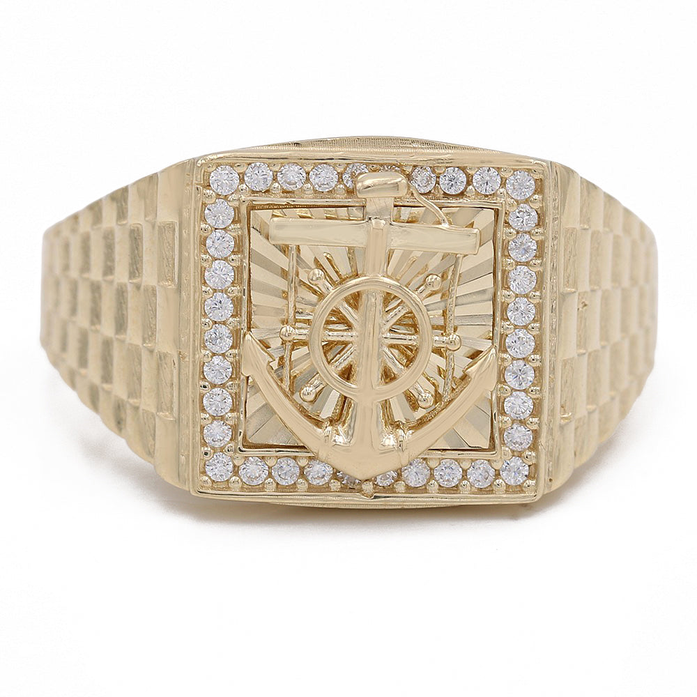 14K Yellow Gold Fashion Anchor Design Ring with Cubic Zirconias