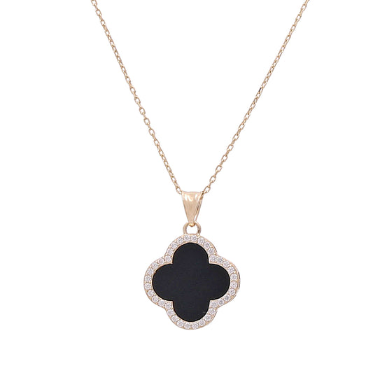 14K Yellow Gold Fashion Flower Pendant with Black Onyx and Cubic Zirconias Necklace