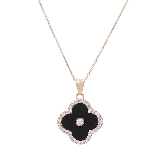 14K Yellow Gold Fashion Flower Pendant and Cubic Zirconias Necklace