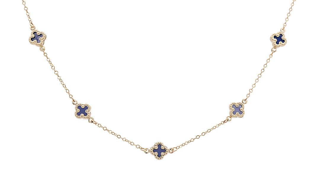 10K Yellow Gold Blue Flowers Necklace