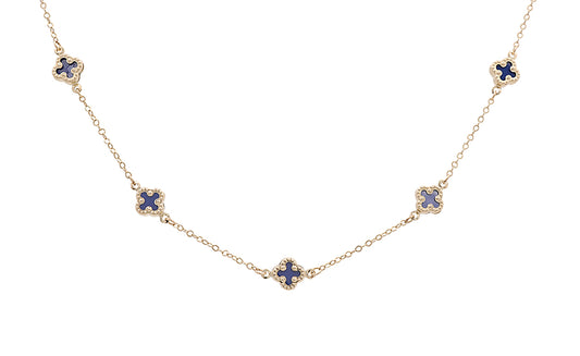 10K Yellow Gold Blue Flowers Necklace
