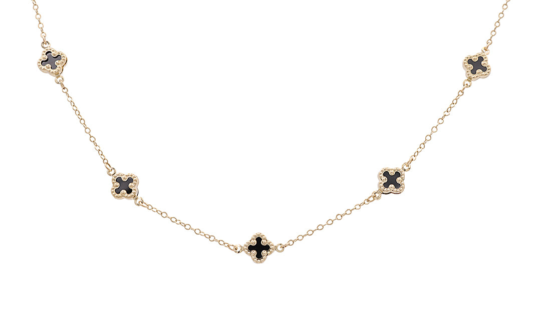 10K Yellow Gold Onyx Flowers Necklace