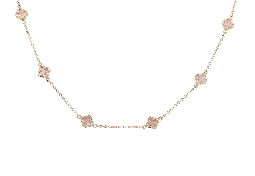 10K Yellow Gold Pink Flowers Necklace