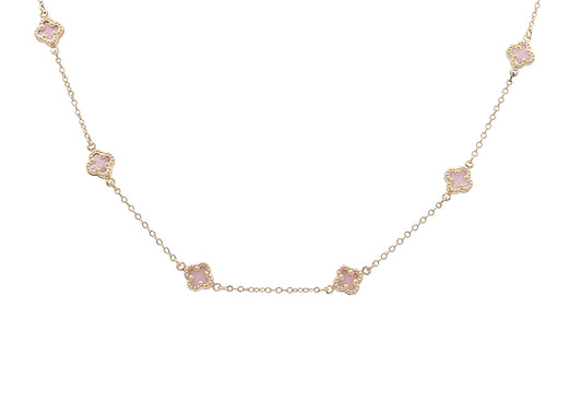 10K Yellow Gold Pink Flowers Necklace