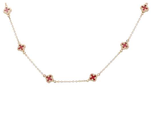 10K Yellow Gold Red Stone Flowers Necklace