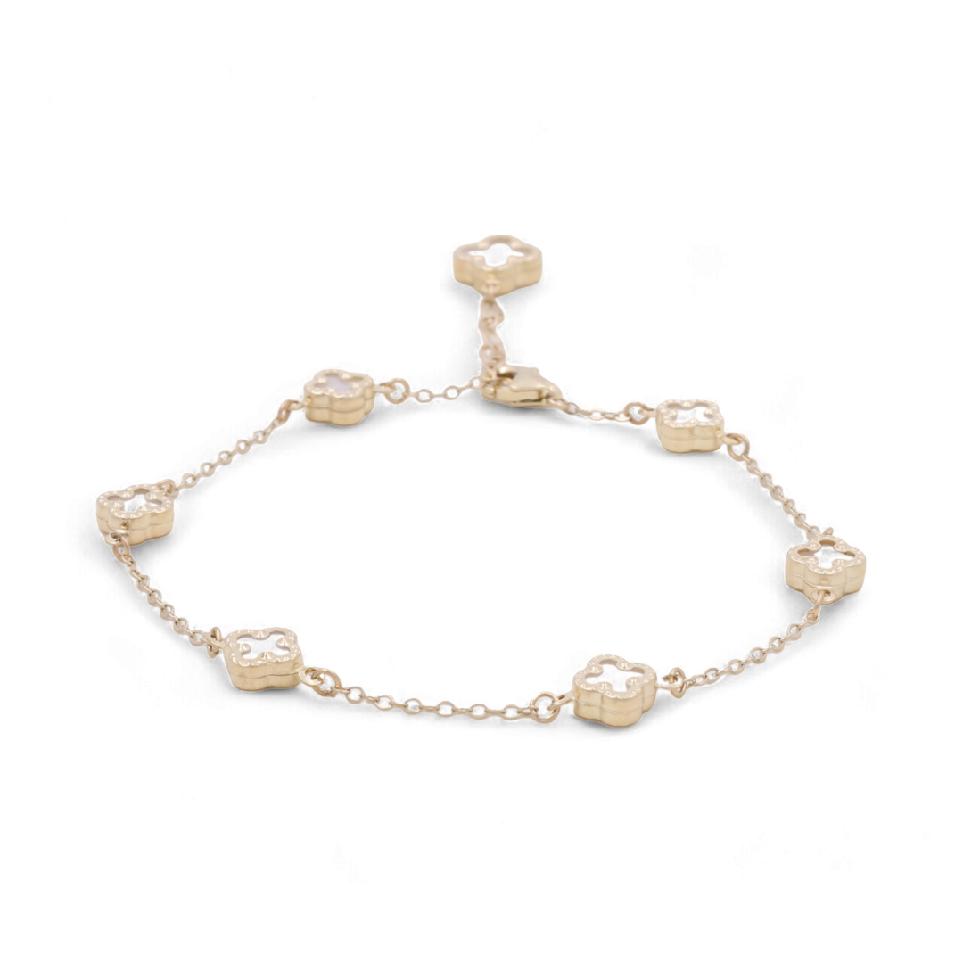 10K Yellow Gold Fashion 7 Flowers Mother of Pearl Bracelet