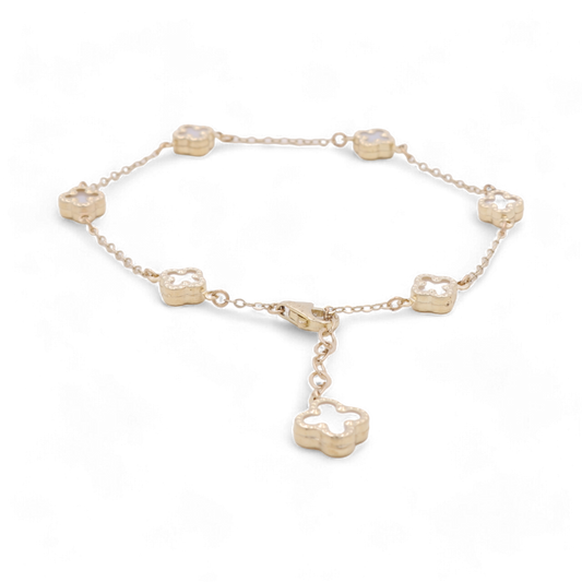 10K Yellow Gold Fashion 7 Flowers Mother of Pearl Bracelet