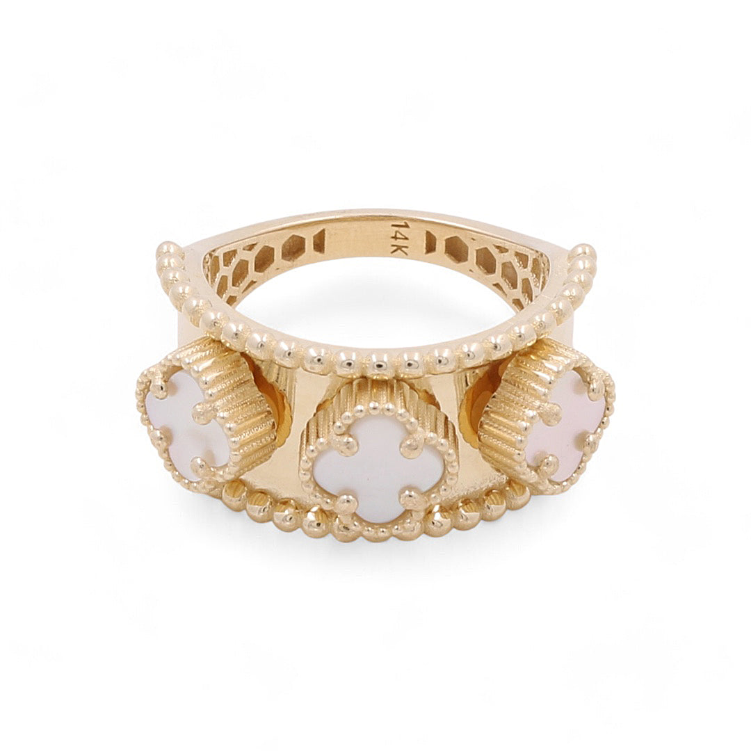 14K Yellow Gold Fashion Clover Women's Ring with Mother of Pearl