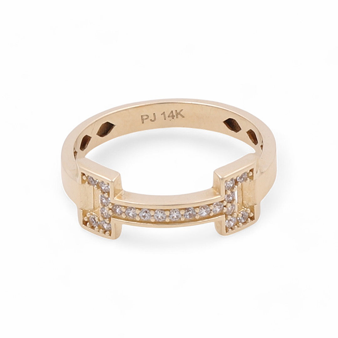 14K Yellow Gold Fashion Link Women's Ring with Cubic Zirconias