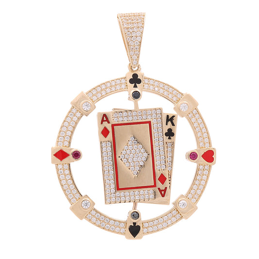 14K Yellow Gold Circle with Center Playing Cards, Color Stones and Cubic Zirconias Pendant