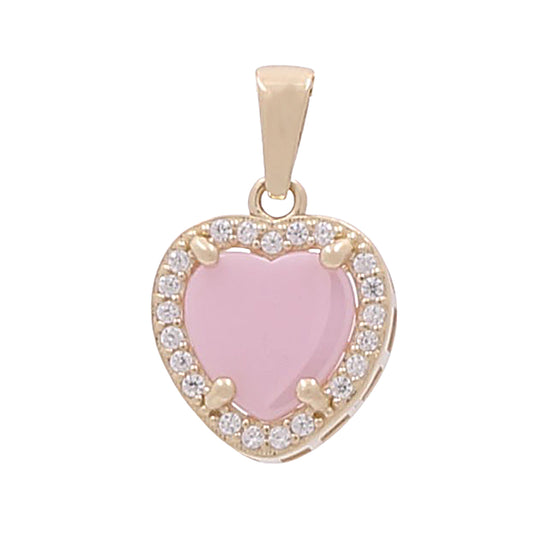 14K Yellow Gold Fashion Heart Pendant with Pink Stone and Cubic Zirconias