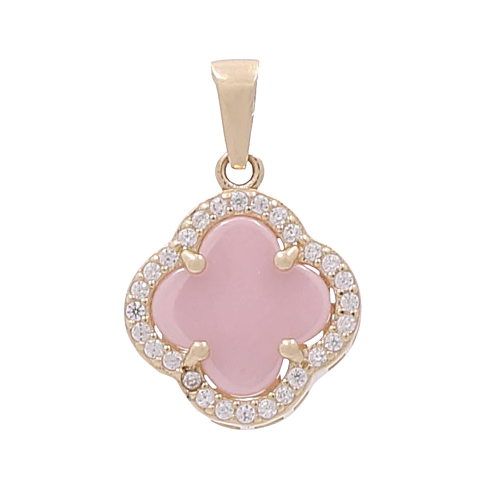 14K Yellow Gold Fashion Flower Pendant with Pink Stone and Cubic Zirconias
