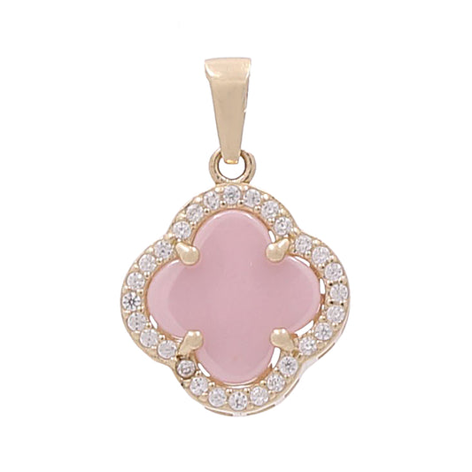 14K Yellow Gold Fashion Flower Pendant with Pink Stone and Cubic Zirconias