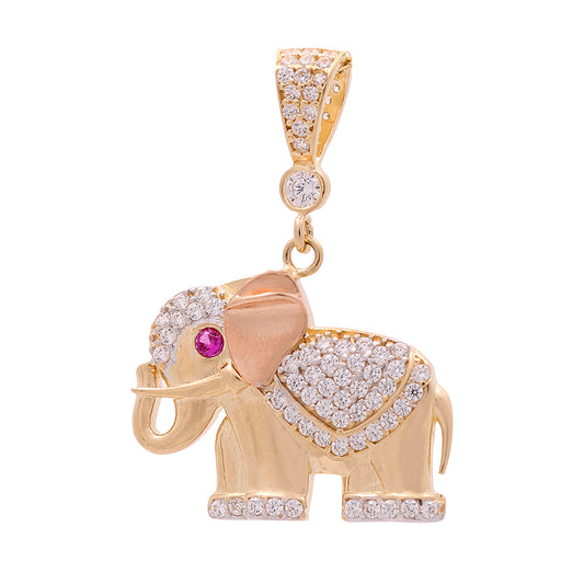 14K Yellow and Rose Gold Elephant with Color Stones and Cubic Zirconias Pendant