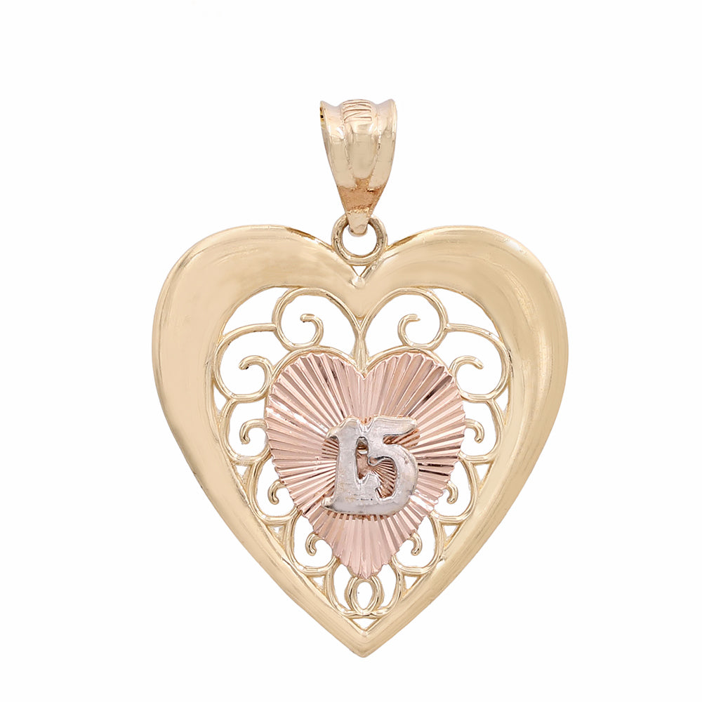 14K Yellow and Rose Gold Happy 15th Heart Pendant