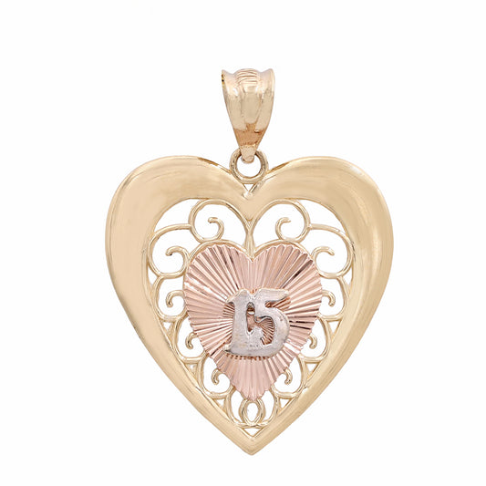 14K Yellow and Rose Gold Happy 15th Heart Pendant