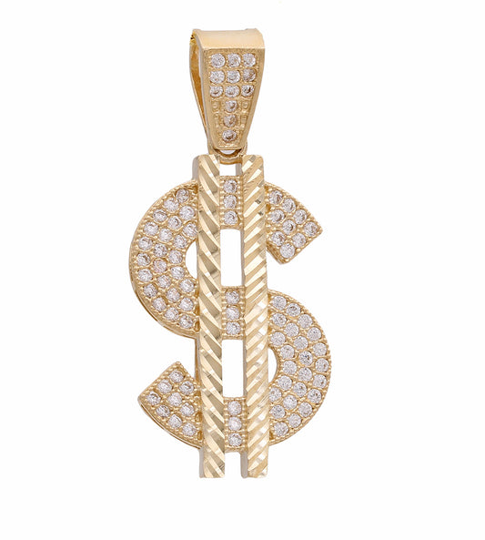14K Yellow Gold Money Sign Pendant with Cubic Zirconias