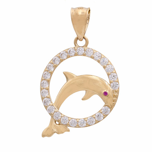14K Yellow Gold Jumping Dolphin with Cubic Zirconias