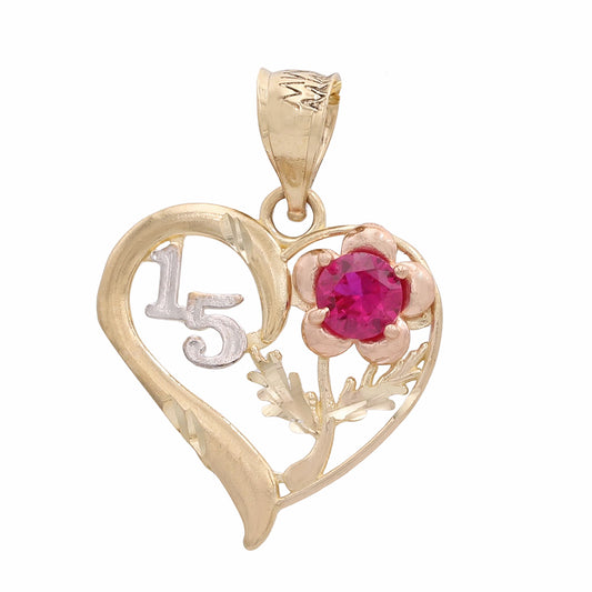 14K Yellow and White Gold Sweet Heart with Color Stone Pendant