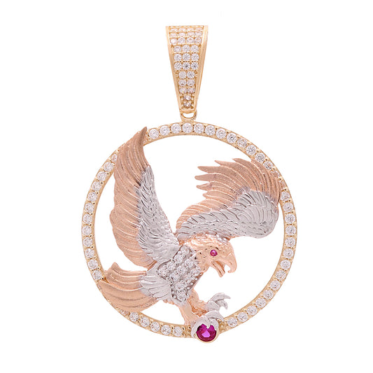 14K Tricolor Gold Eagle in a Circle with Color Stones and Cubic Zirconias Pendant